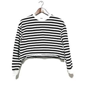 Zara Striped Crop Sweatshirt Women's Size S Black White Y2K Nautical Casual